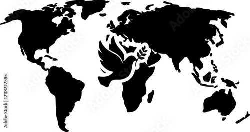Foto World map with peace dove vector, black flat global symbol of unity and hope