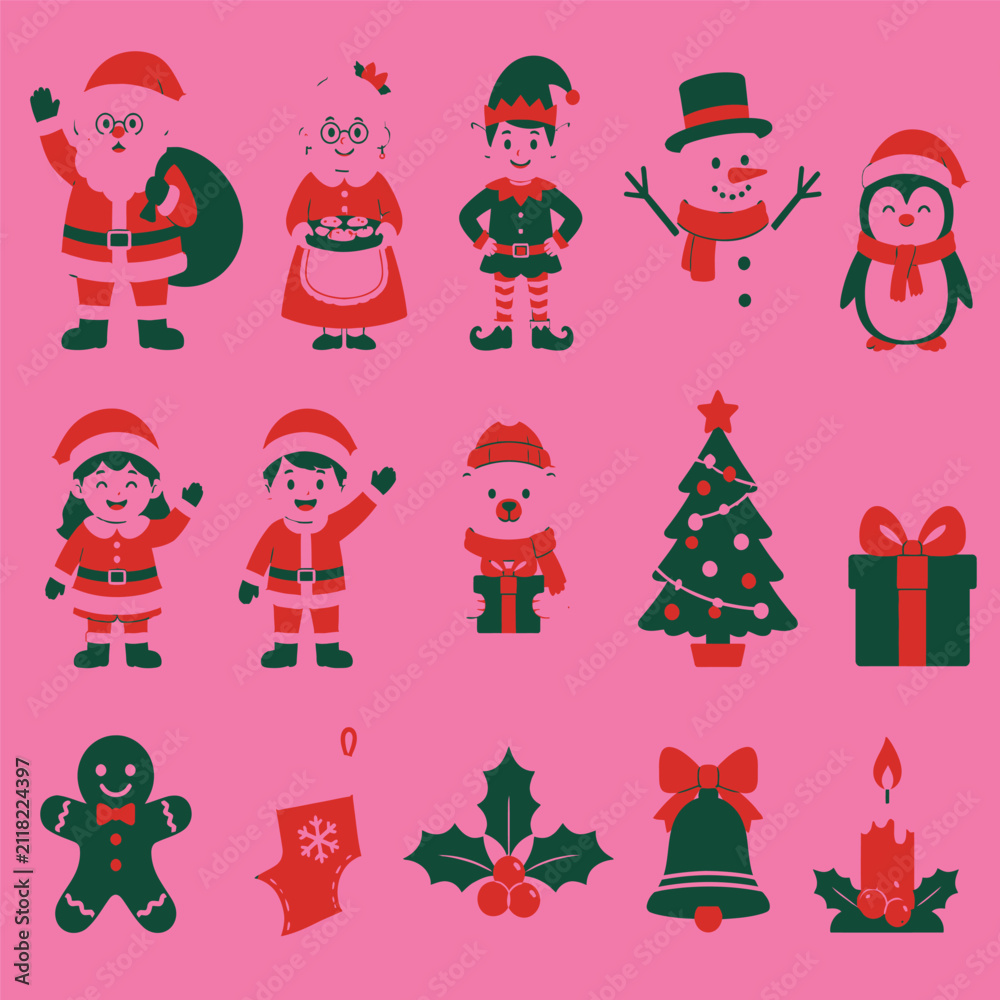 Fototapeta premium Christmas Characters and Elements Vector Set featuring Santa Claus, Mrs. Claus, Elf, Snowman, Penguin, Kids, Tree, and Holiday Decorations