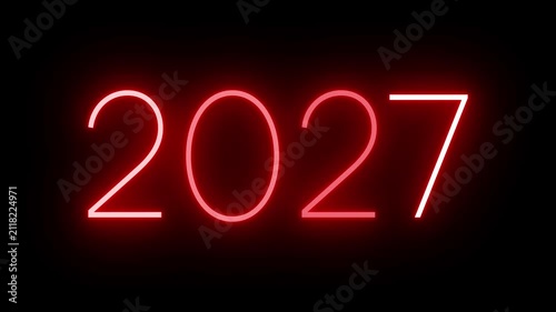 Red Neon 2027 Sign Flickering on Black Background