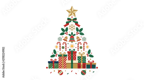 Christmas Tree Made of Gifts and Holiday Decorations Flat Vector Illustration