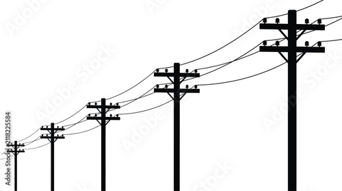 Foto Five electrical utility poles of increasing height connected by power lines in a