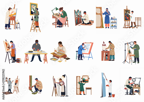 фотографія Collection of professional art restorers and conservators working on diverse artworks using specialized tools, isolated on a white background