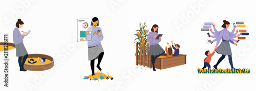 Illustration of a woman multitasking and distracted by digital devices while caring for children in various settings.