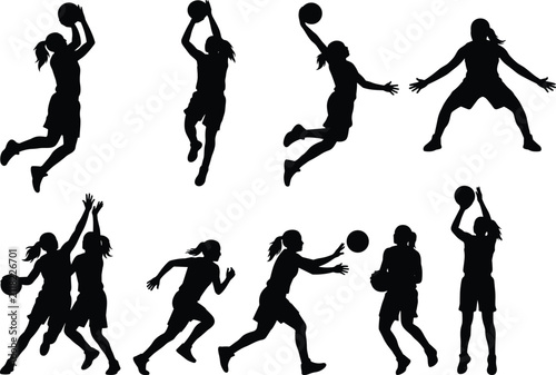 Quadro su tela Female Basketball Players Silhouettes Set in Action Poses for Sports Vector Desi