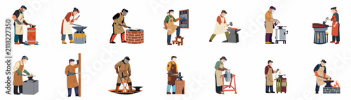 Foto Set of vector illustrations showing diverse blacksmiths and bladesmiths in protective gear forging, hammering, and sharpening metal knives and swords in a workshop