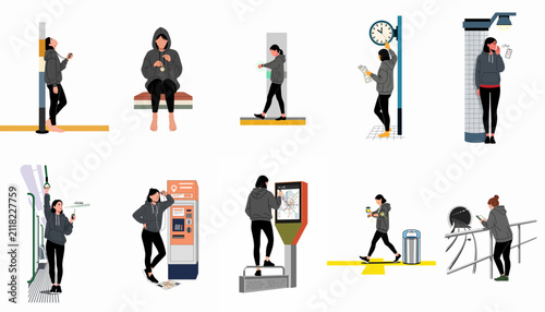 Flat vector illustration collection of a woman in a grey hoodie navigating a subway station, using public transit facilities, and checking the time.