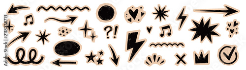 Paper element scrapbook sticker set. Hand drawn paper collage sticker notebook line crayon arrow star texture. Cute grunge doodle crown lightning diary note punk retro background. Vector illustration