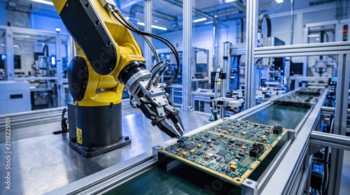 Industrial robotic arm assembling electronic circuit boards on automated production line, smart factory manufacturing process, artificial intelligence and robotics engineering