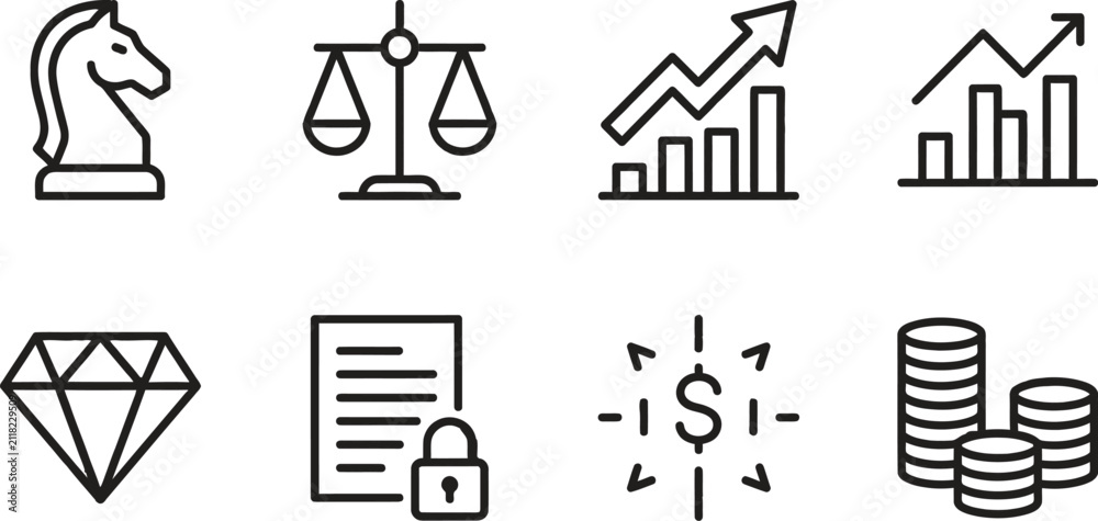 Naklejka premium Icons set of finance, business, strategy, growth, and investment symbols in minimalist line art style