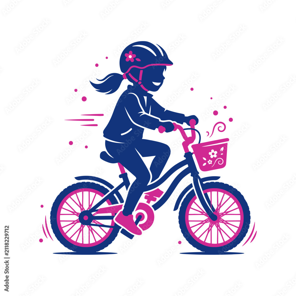 Fototapeta premium Active girl riding bicycle with helmet and basket, flat vector illustration of child cycling, pink and navy blue sports graphic for kids isolated on White Background silhouette