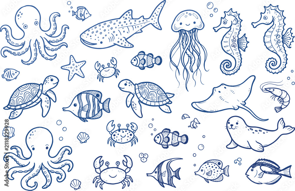 Obraz premium Underwater ocean animal doodle icon set with adorable marine creatures hand drawn sea turtles seals starfish and coral reef inhabitants graphic vectors
