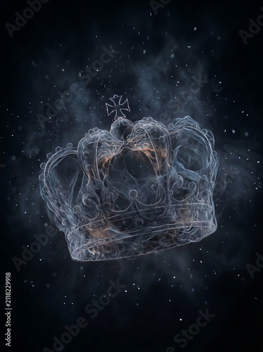 Burning royal crown on black background. Fiery king headpiece with glowing embers and smoke.