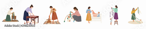 Foto Collection of flat vector illustrations showing mothers and babies engaging in sensory play activities with colorful ribbons at home