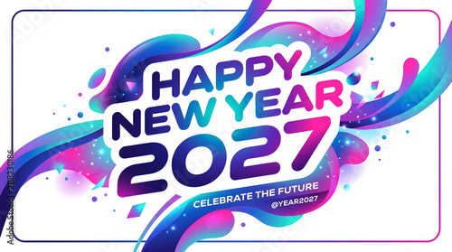 Vibrant new year 2027 celebration graphic design featuring futuristic abstract swirls and colorful sparkles for digital marketing and social media templates