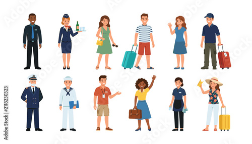 Fotografie Airport and cruise travel vector set with tourists luggage pilots flight attenda