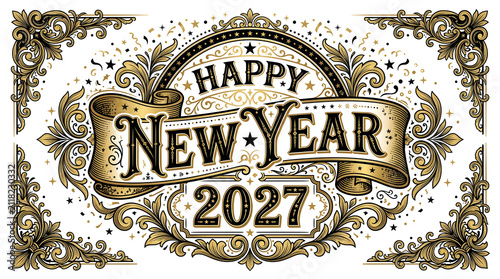 Elegant new year 2027 celebration vintage illustration featuring ornate gold foil lettering with decorative stars and swirls on white background perfect for greeting cards marketing