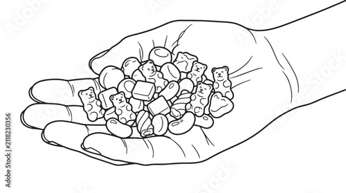 Quadro su tela Handful of assorted candies, a sweet mix of gummy bears, jelly beans, and various sugary treats