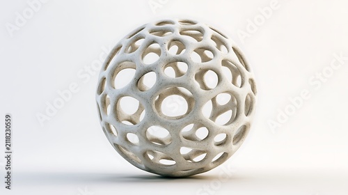 Abstract porous white sphere isolated on white background. This organic structural 3D render represents modern design.