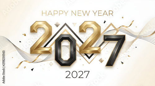 Elegant gold and black new year 2027 celebration vector design with festive confetti sparkles and luxury typography for greeting cards marketing posters