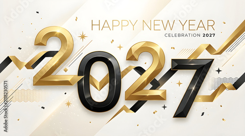 Elegant gold foil new year celebration 2027 vector design with confetti sparkles and festive geometric shapes for holiday marketing templates