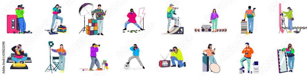 Fototapeta premium Set of retro-style illustrations featuring photographers and creators in vibrant 80s and 90s fashion with vintage gear, cameras, and studio equipment.