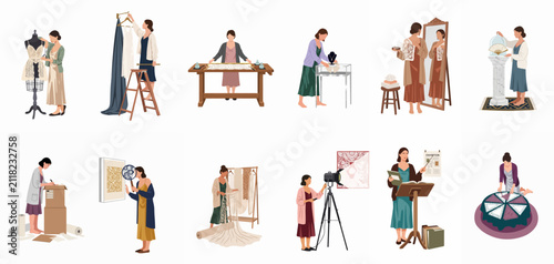 Bild auf Leinwand Illustration set of a woman engaged in professional activities related to fashion design, textile conservation, museum curation, and historical archive management
