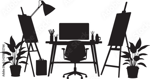 A black silhouette of an artist workspace featuring a desk, computer, two easels