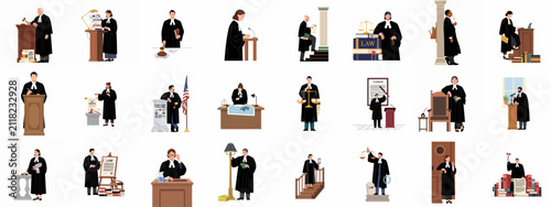 Set of diverse male and female judges in judicial robes with legal symbols like gavels, scales of justice, and law books.