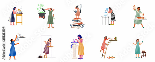 Funny collection of women experiencing various cooking failures, kitchen mishaps, and food disasters in a flat vector illustration style.