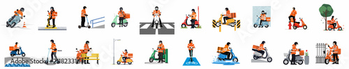 Collection of flat illustrations showing delivery workers on scooters and electric kick scooters performing various urban logistics tasks in orange uniforms.