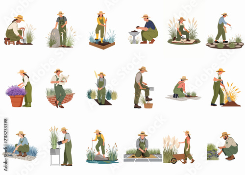 Collection of flat vector illustrations featuring men and women gardeners performing various landscaping, planting, and garden maintenance tasks outdoors on a white background.