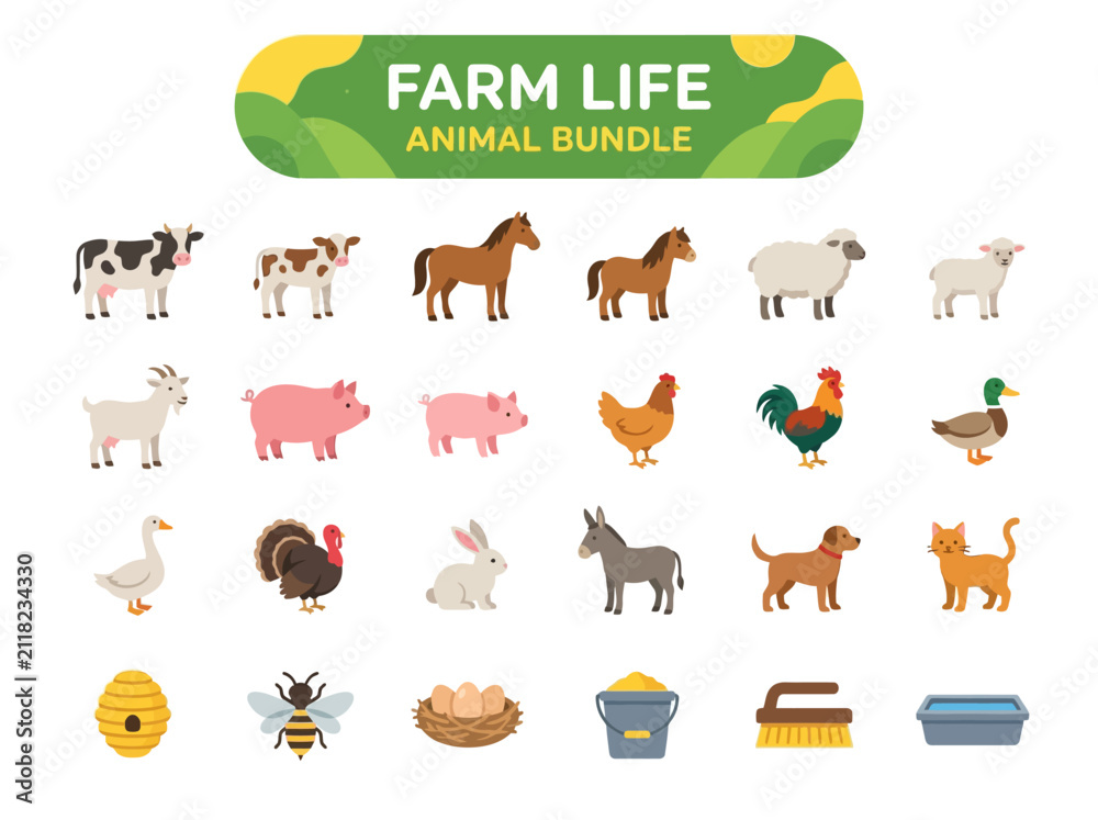 Obraz premium Vector Illustration of Farm Life Animal Bundle Icons Set with Cow Horse Pig and Sheep on White Background