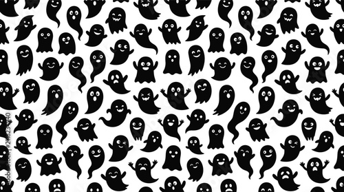 Seamless pattern background featuring cute black ghosts for happy halloween typography design projects and festive holiday wrapping paper or fabric print textures