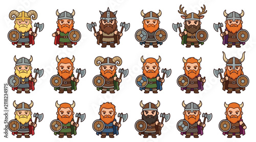 A collection of 20 pixel art illustrations of Viking characters, each with unique armor, helmets, and weapons, presented in a grid format.