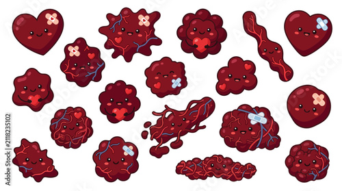 Foto A charming collection of kawaii-style red blood cells, each with a unique, adorable face and heart details, presented against a white background