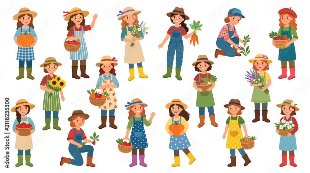 Fototapeta premium A vibrant collection of diverse young girls dressed as farmers, happily engaged in various agricultural activities, holding fresh produce and flowers.