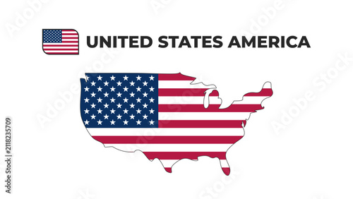 Vector illustration of USA country map silhouette filled with the US national flag pattern. Includes US flag icon badge and United States America typography on a white background.