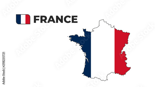 Vector illustration of France country map silhouette patterned with the French national flag. Includes French flag icon and France typography isolated on a white background.