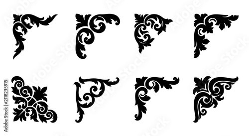 Elegant vintage corner scroll ornaments set with black flourish details