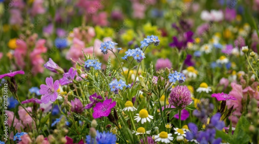 Obraz premium A vibrant wildflower meadow bursts with a multitude of colorful blooms. Numerous small flowers of various shapes and sizes create a dense, textured carpet.