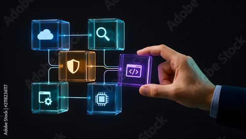 System integration concept with hand placing code block into digital network of glowing tech icons representing software architecture and cybersecurity