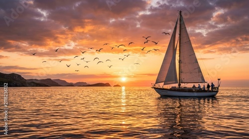 A sailboat glides across a calm ocean during a vibrant sunset. A flock of birds flies across the sky, mirroring the colors of the sun and clouds.