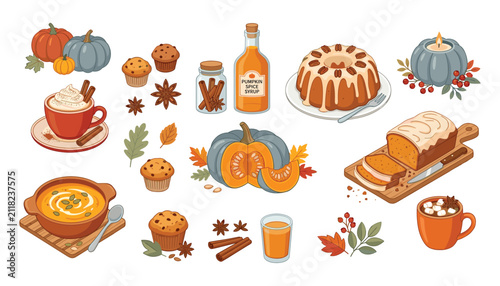 Autumn thanksgiving food vector set with pumpkin soup bread cake muffins hot chocolate and spice syrup fall seasonal elements
