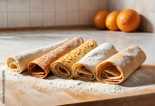 Five rolled crepes with pow...