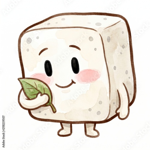 Gentle tofu mascot holding a fresh green leaf, delicate watercolor character with rosy cheeks and brown outline on white, symbolizing natural soy food, vegan nutrition and mindful cuisine celebration