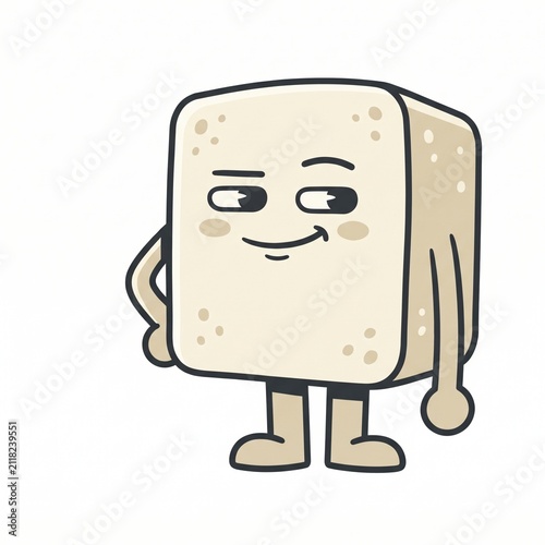 Playful tofu mascot giving a sly sideways glance, clean flat cartoon with bold charcoal outline and creamy soy block texture on white for witty plant food branding and festive nutrition design
