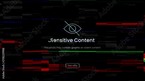 Sensitive content warning screen with glitch aesthetics in black, red, and white for sensitive content warnings. Suitable for website or app design.