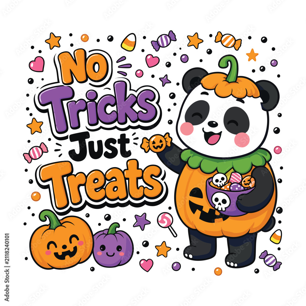 Fototapeta premium Cute cartoon panda dressed as a pumpkin holding a bowl of candy with Halloween themed decorations