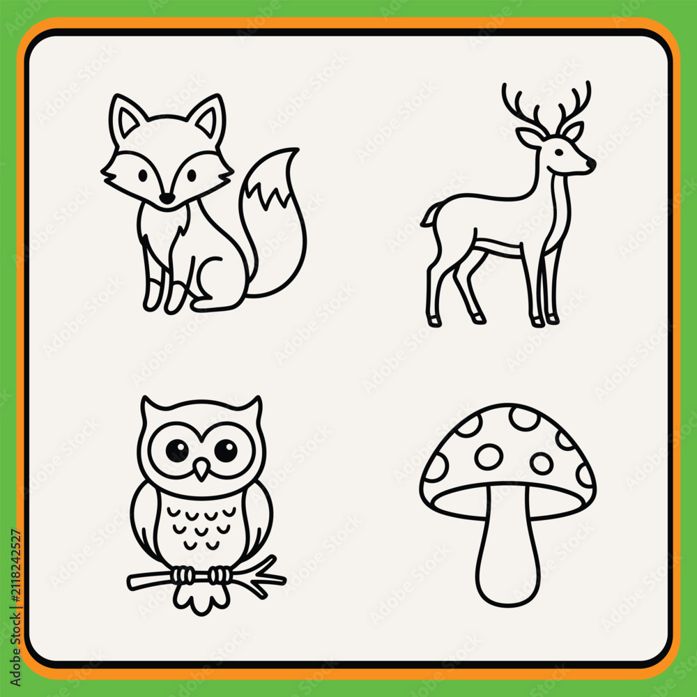 Fototapeta premium Cute forest animals and mushroom illustration set with simple line art style