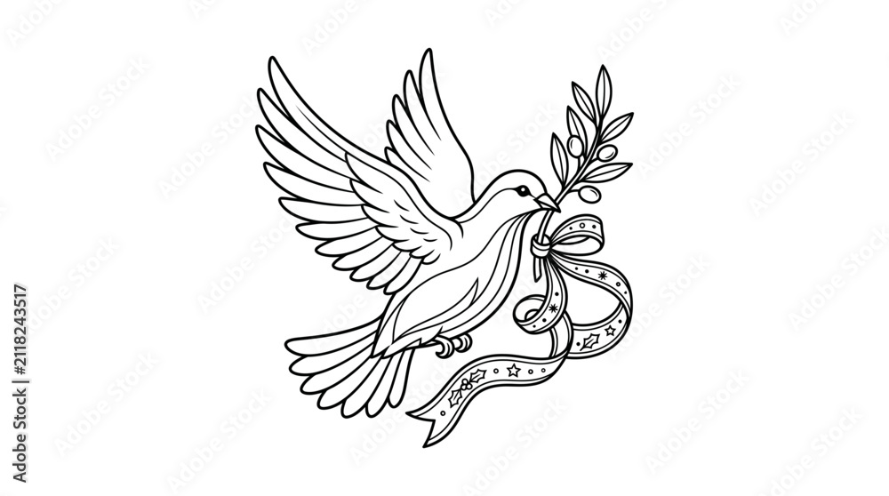 Fototapeta premium Flying dove with olive branch and decorative ribbon line art